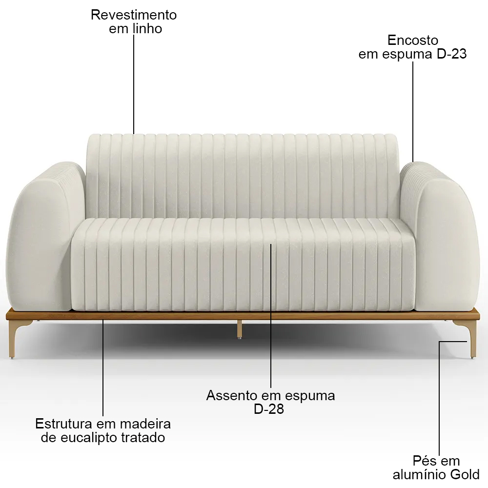 Sofá 210cm 3 Lugares Base Gold Molino D06 Linho C-367 Cru - Mpozenato