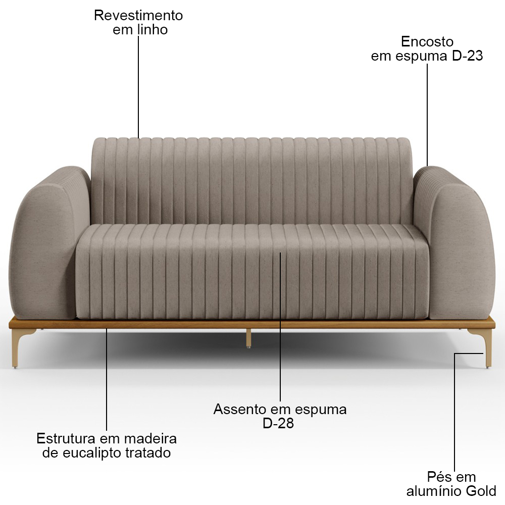 Sofá 210cm 3 Lugares Base Gold Molino D06 Linho C-370 Bege - Mpozenato