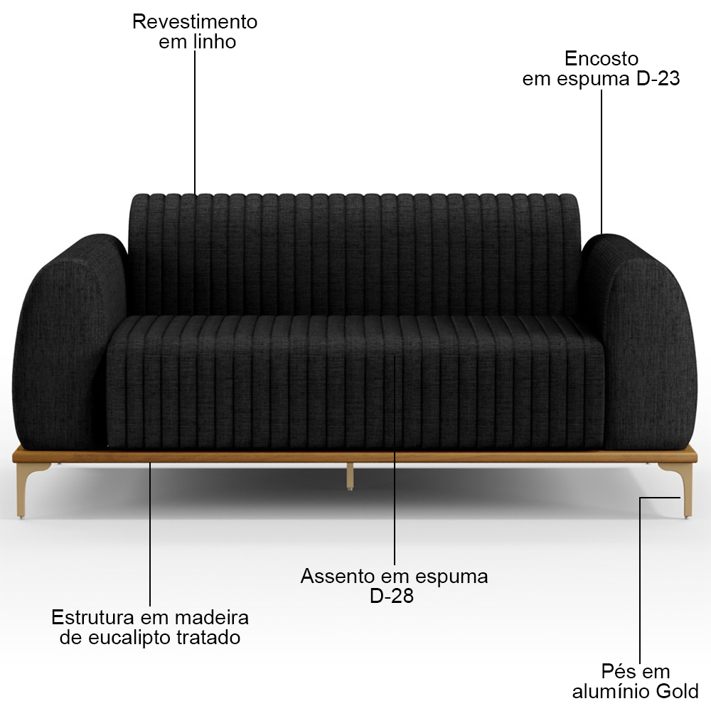 Sofá 210cm 3 Lugares Base Gold Molino D06 Linho D-465 Chumbo - Mpozenato