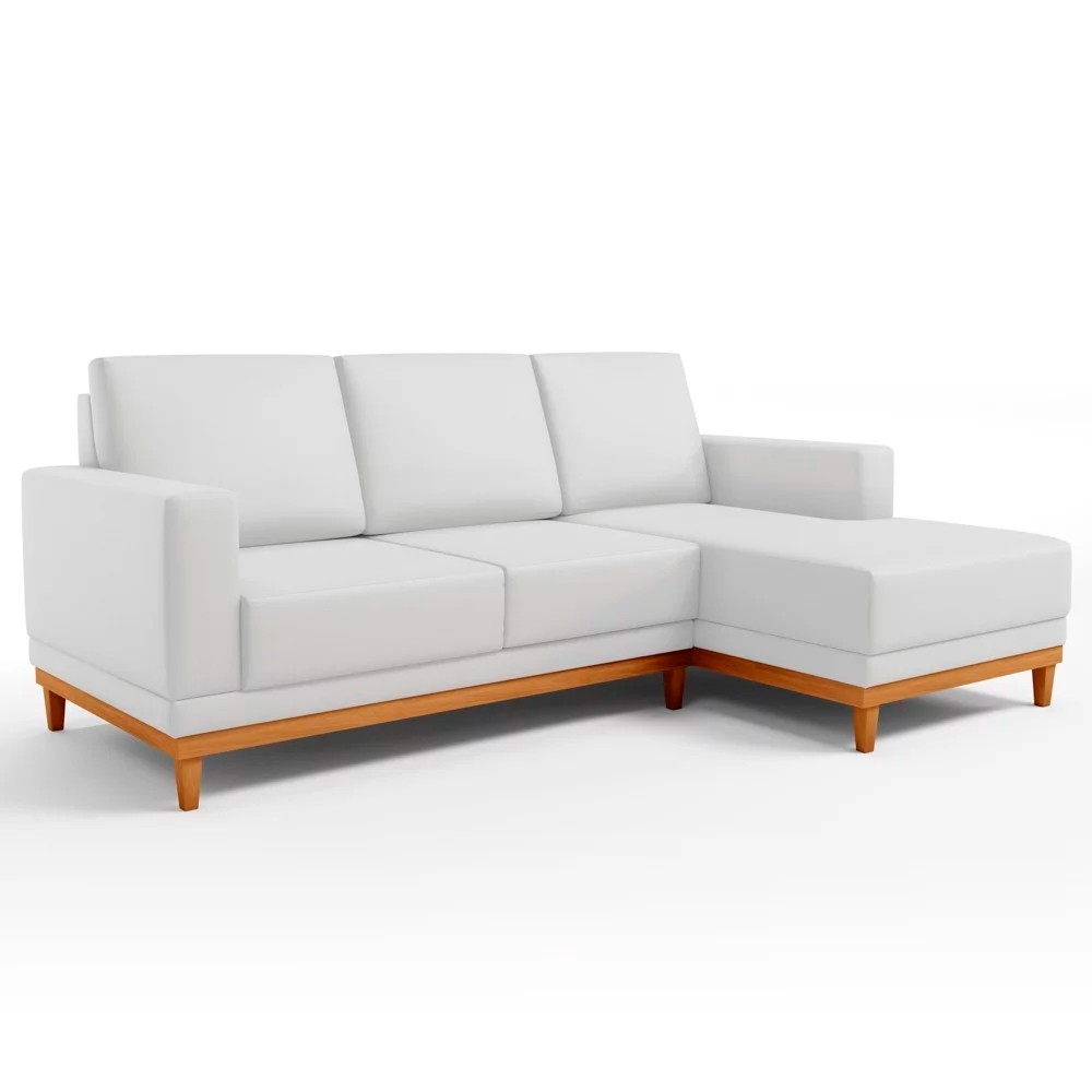 Sofá 3 Lugares 200cm Living Com Chaise Direito Sala de Estar Kayrós D05 Sintético Branco - Mpozenato