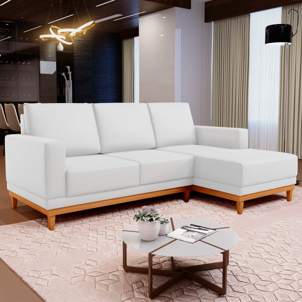 Sofá 3 Lugares 200cm Living Com Chaise Direito Sala de Estar Kayrós D05 Sintético Branco - Mpozenato