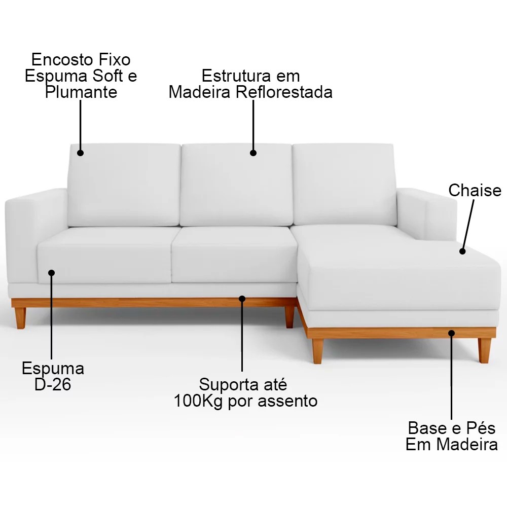 Sofá 3 Lugares 200cm Living Com Chaise Direito Sala de Estar Kayrós D05 Sintético Branco - Mpozenato
