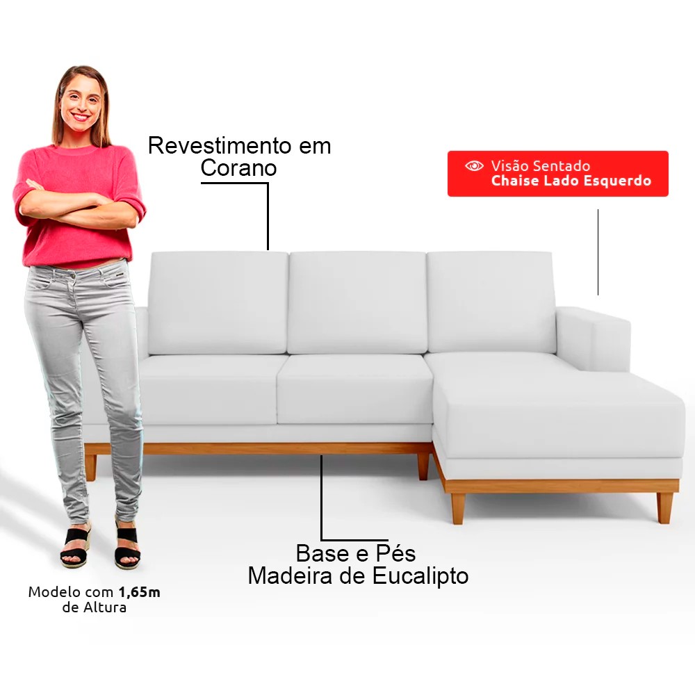 Sofá 3 Lugares 200cm Living Com Chaise Direito Sala de Estar Kayrós D05 Sintético Branco - Mpozenato