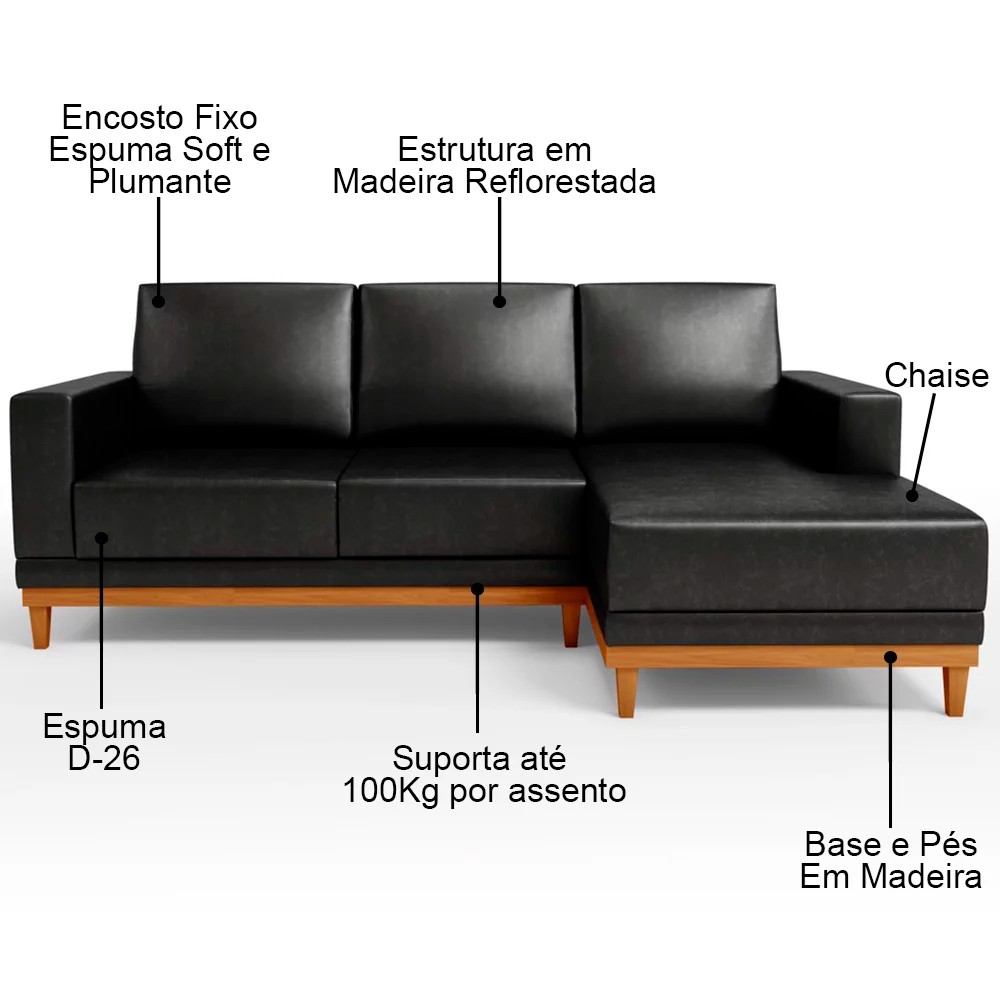 Sofá 3 Lugares 200cm Living Com Chaise Direito Sala de Estar Kayrós D05 Sintético Preto - Mpozenato