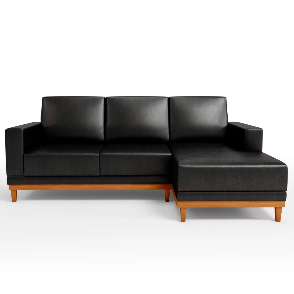Sofá 3 Lugares 200cm Living Com Chaise Direito Sala de Estar Kayrós D05 Sintético Preto - Mpozenato