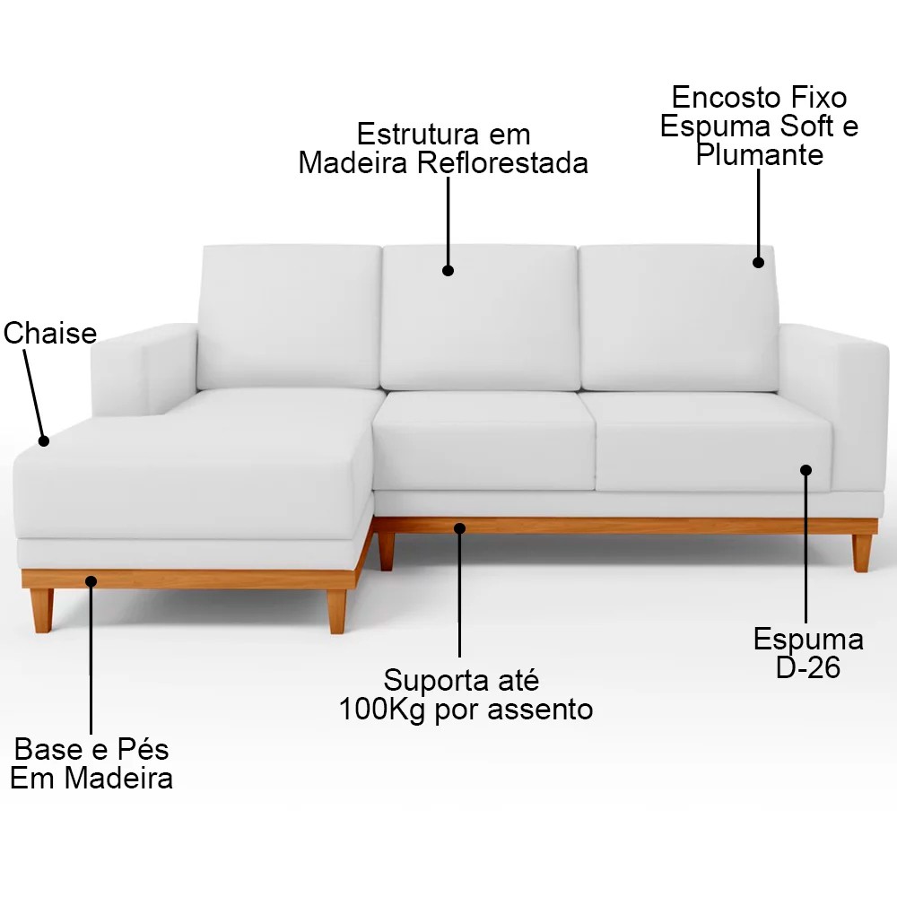 Sofá 3 Lugares 200cm Living Com Chaise Esquerdo Sala de Estar Kayrós D05 Sintético Branco - Mpozenato