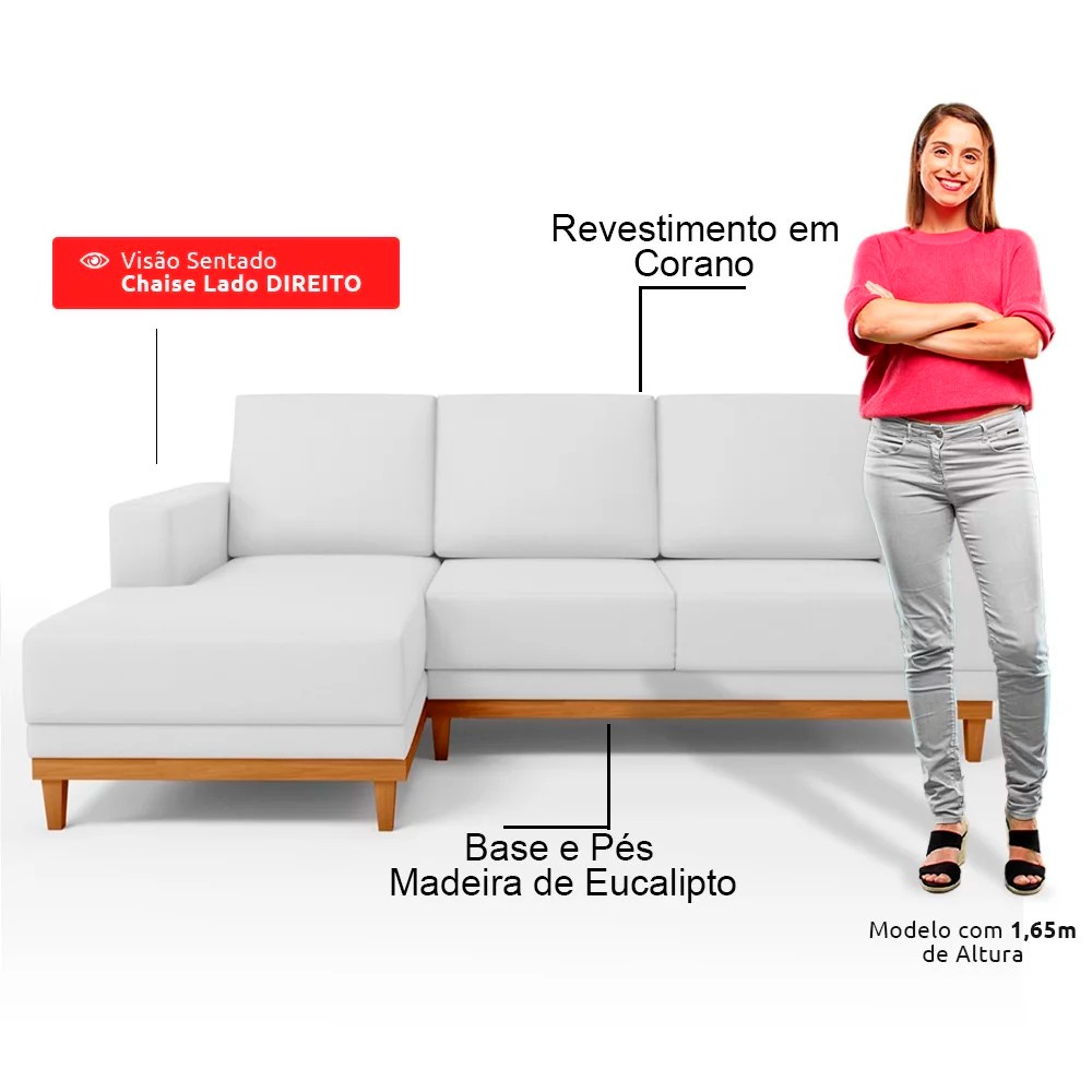 Sofá 3 Lugares 200cm Living Com Chaise Esquerdo Sala de Estar Kayrós D05 Sintético Branco - Mpozenato