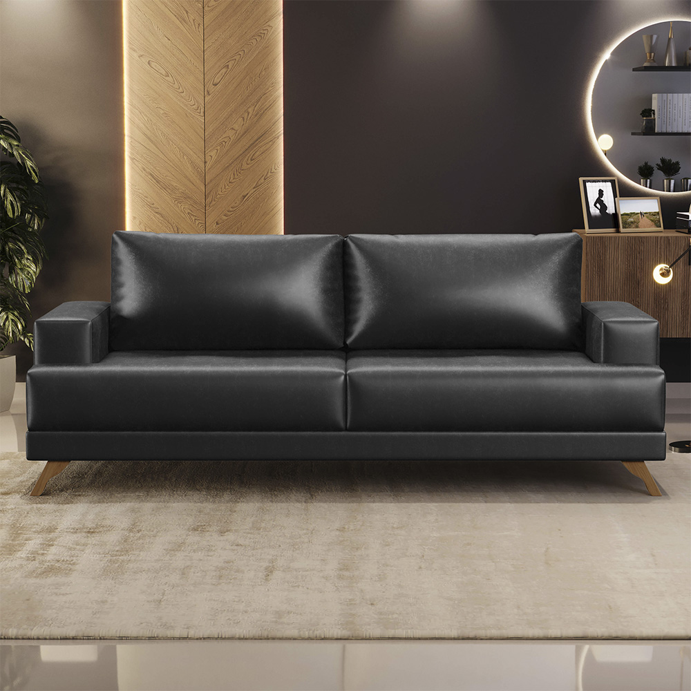 Sofá 3 Lugares 200cm Living Pés Curvos Santi D05 Sintético Preto - Mpozenato