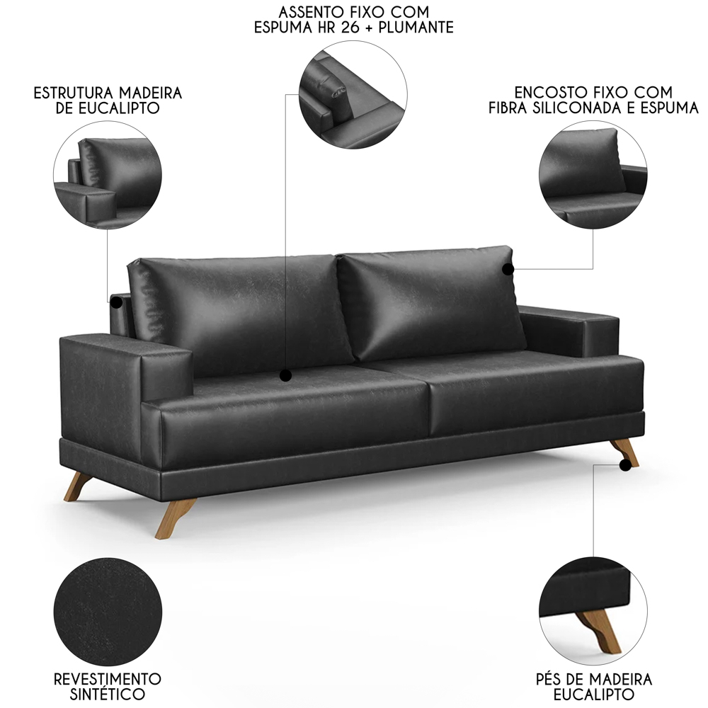 Sofá 3 Lugares 200cm Living Pés Curvos Santi D05 Sintético Preto - Mpozenato