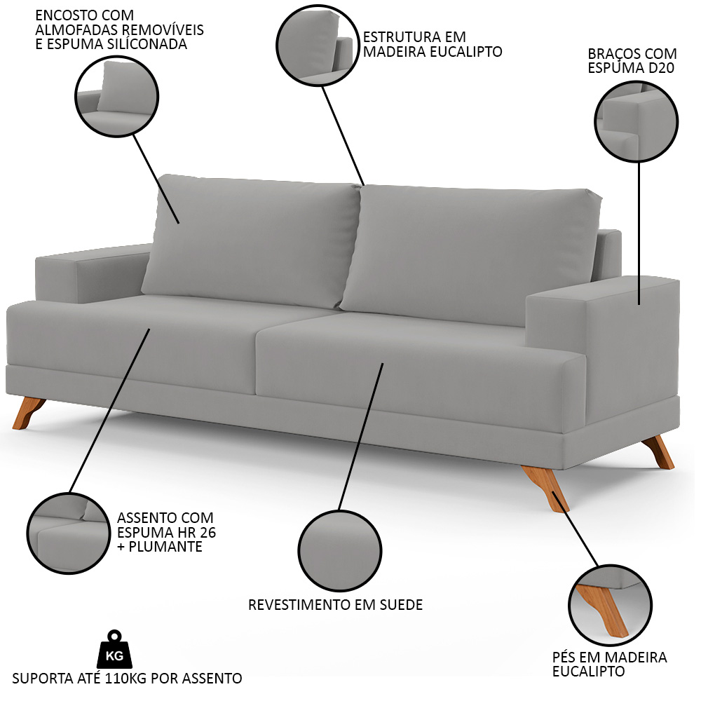 Sofá 3 Lugares 200cm Living Pés Curvos Santi D05 Suede Cinza - Mpozenato