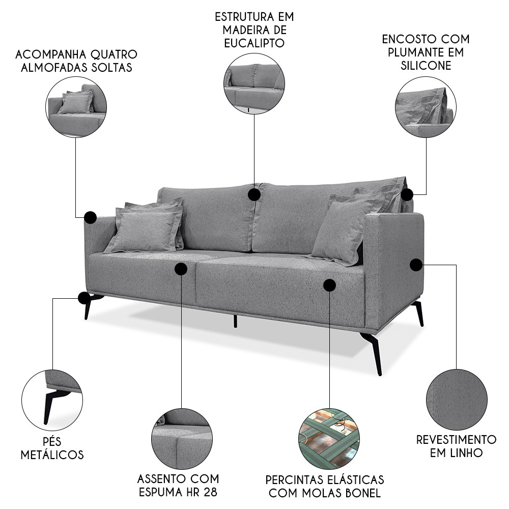 Sofá 3 Lugares 200cm Pés de Metal Vecchia S06 Linho Cinza - Mpozenato