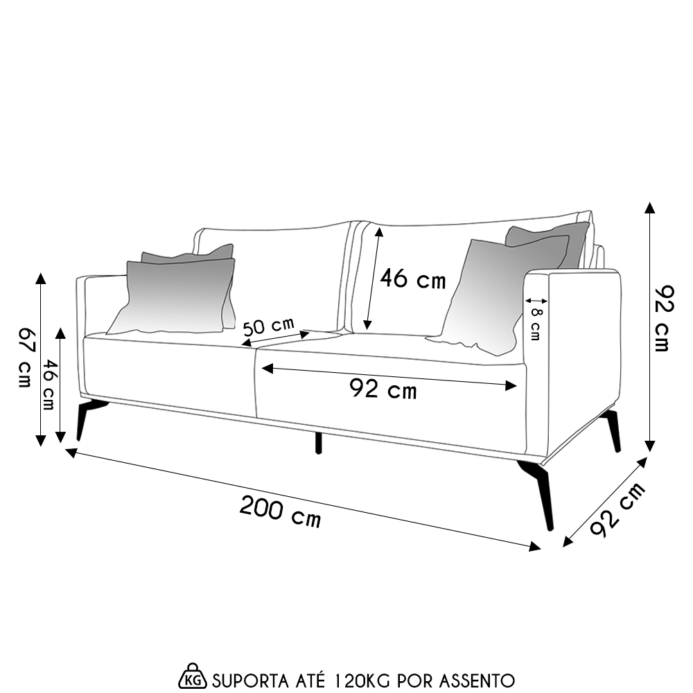 Sofá 3 Lugares 200cm Pés de Metal Vecchia S06 Linho Cinza - Mpozenato