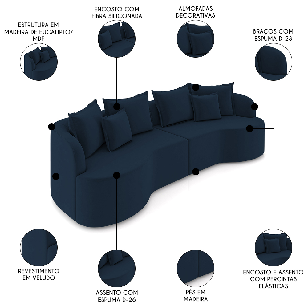 Sofá 3 Lugares 210cm Orgânico Quito K04 Veludo Azul Marinho - Mpozenato