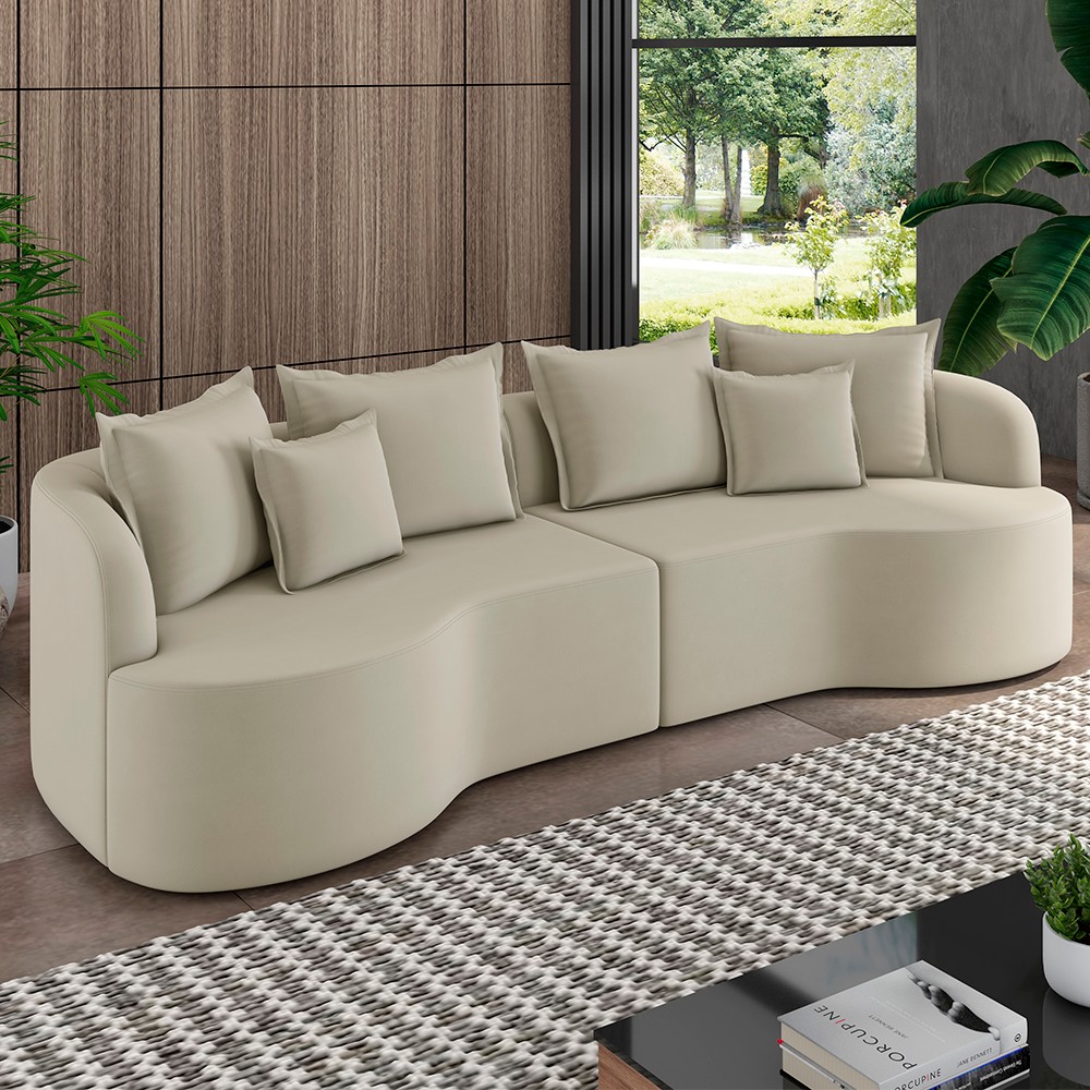 Sofá 3 Lugares 210cm Orgânico Quito K04 Veludo Bege  - Mpozenato