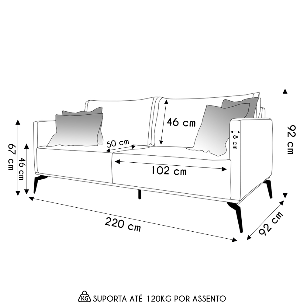 Sofá 3 Lugares 220cm Pés de Metal Vecchia S06 Linho Cinza - Mpozenato