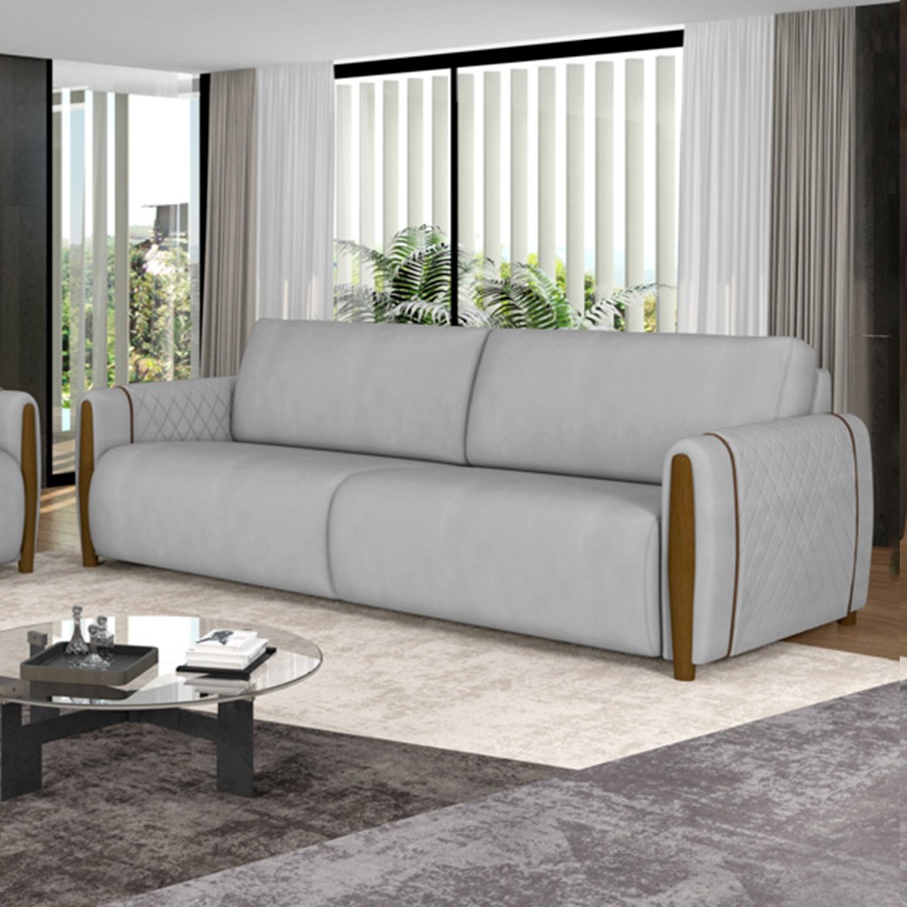 Sofá 3 Lugares 223cm Pés Madeira Amaranto M22 Veludo Cinza - Mpozenato
