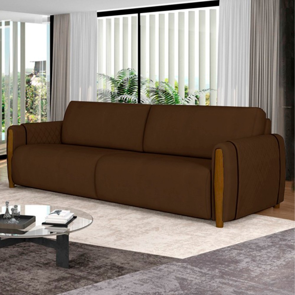 Sofá 3 Lugares 223cm Pés Madeira Amaranto M22 Veludo Marrom - Mpozenato