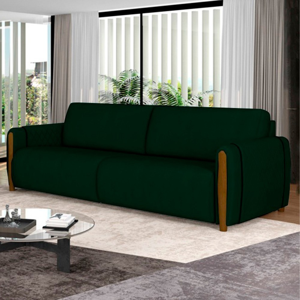 Sofá 3 Lugares 223cm Pés Madeira Amaranto M22 Veludo Verde - Mpozenato