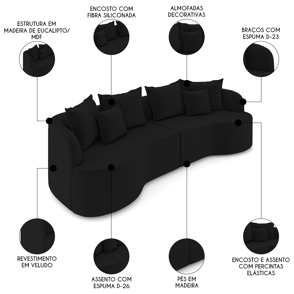 Sofá 3 Lugares 230cm Orgânico Quito K04 Veludo Preto  - Mpozenato