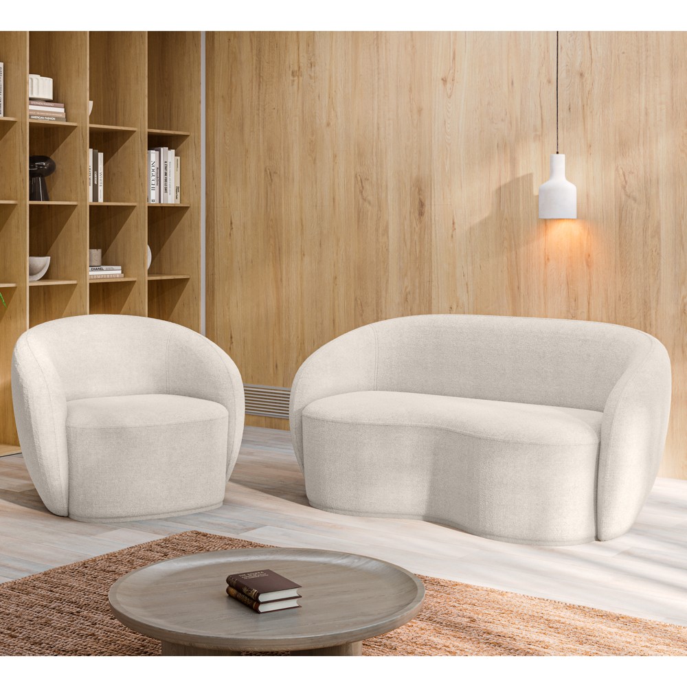 Sofá 3 Lugares Living 180cm e 1 Poltrona Giratória Garbin K04 Bouclê Bege - Mpozenato