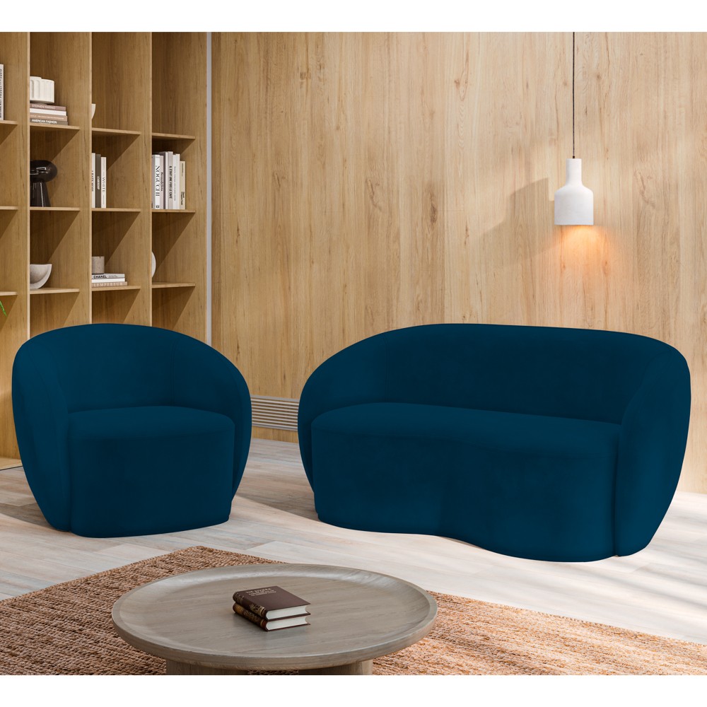 Sofá 3 Lugares Living 180cm e 1 Poltrona Giratória Garbin K04 Veludo Azul Marinho - Mpozenato