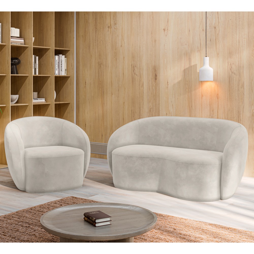 Sofá 3 Lugares Living 180cm e 1 Poltrona Giratória Garbin K04 Veludo Bege - Mpozenato