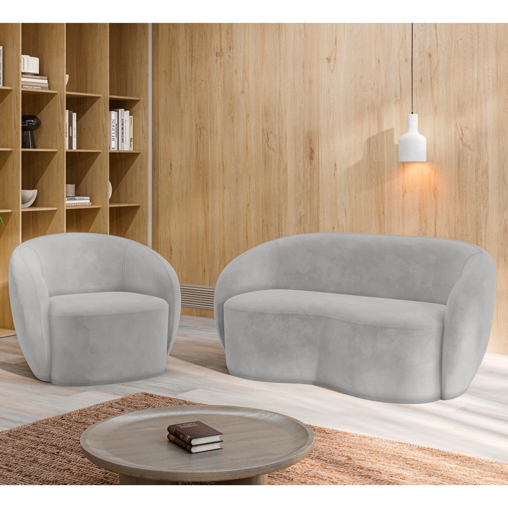 Sofá 3 Lugares Living 180cm e 1 Poltrona Giratória Garbin K04 Veludo Cinza - Mpozenato