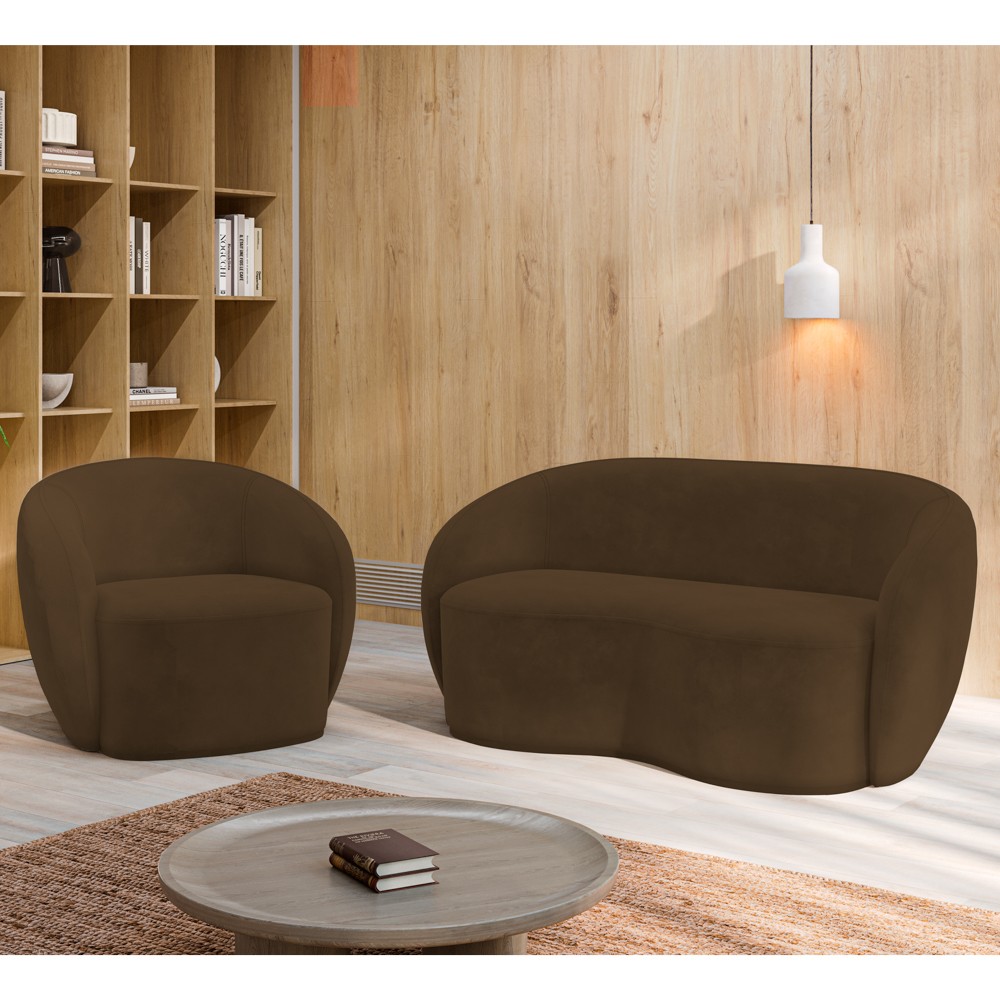 Sofá 3 Lugares Living 180cm e 1 Poltrona Giratória Garbin K04 Veludo Marrom - Mpozenato