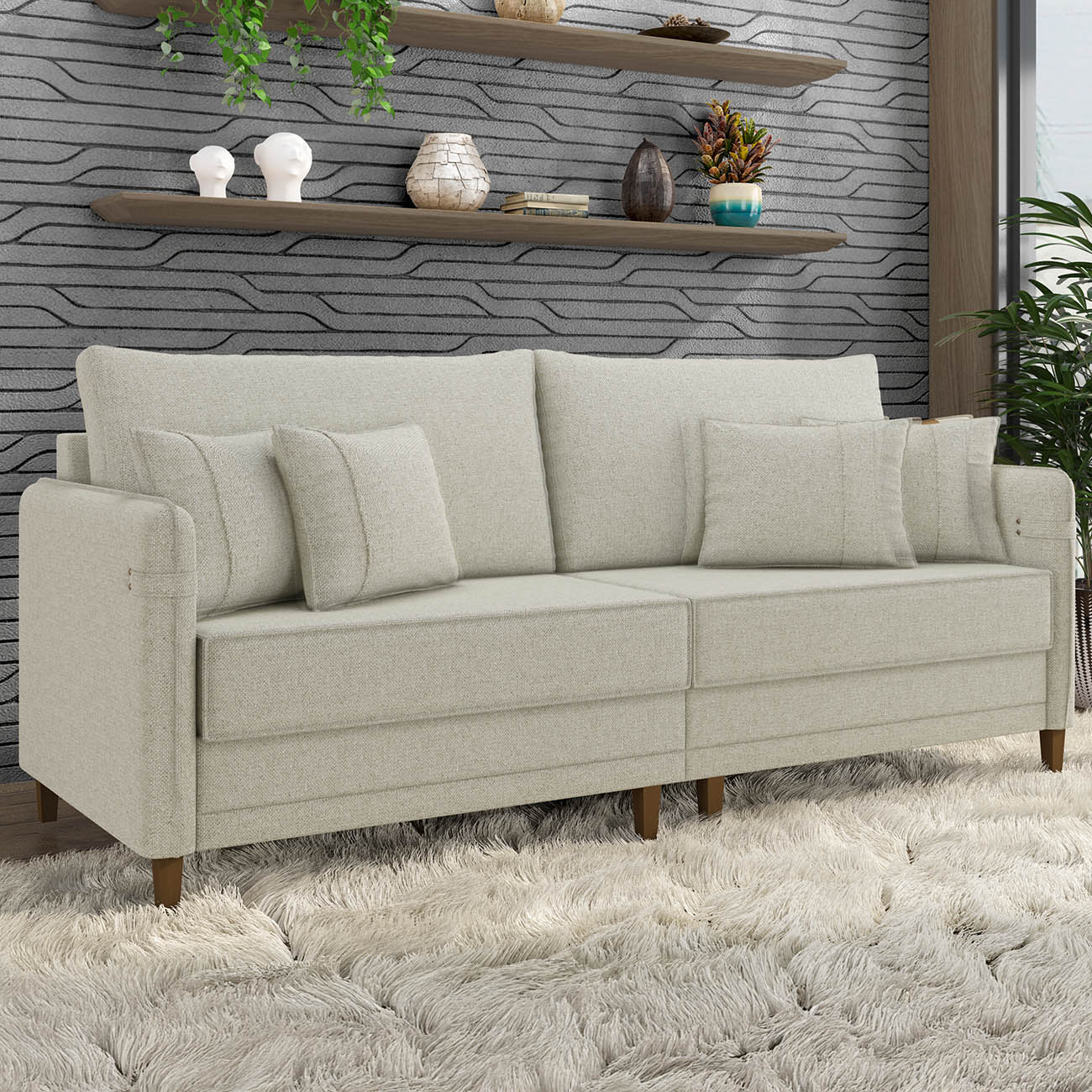 Sofá 3 Lugares Living 192cm Pé Madeira Zoe Linho Cru Z08    - Mpozenato