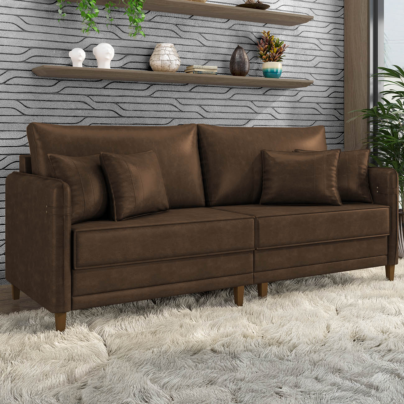 Sofá 3 Lugares Living 192cm Pé Madeira Zoe Sintético Marrom Z08 - Mpozenato