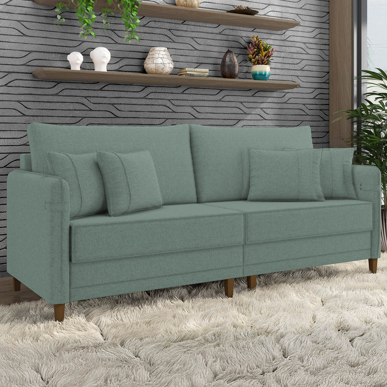 Sofá 3 Lugares Living 212cm Pé Madeira Zoe Linho Verde Z08  - Mpozenato