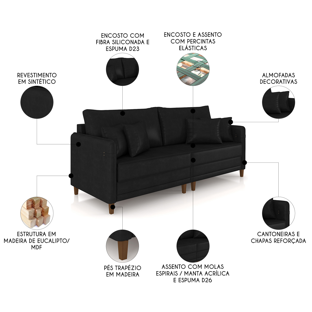 Sofá 3 Lugares Living 232cm Pé Madeira Zoe Sintético Preto Z08 - Mpozenato