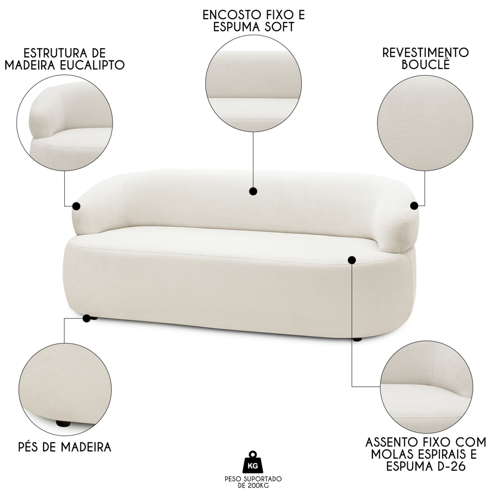 Sofá 3 Lugares Living Orgânico Sala de Estar 170cm Conka F05 Bouclê Off White - Mpozenato
