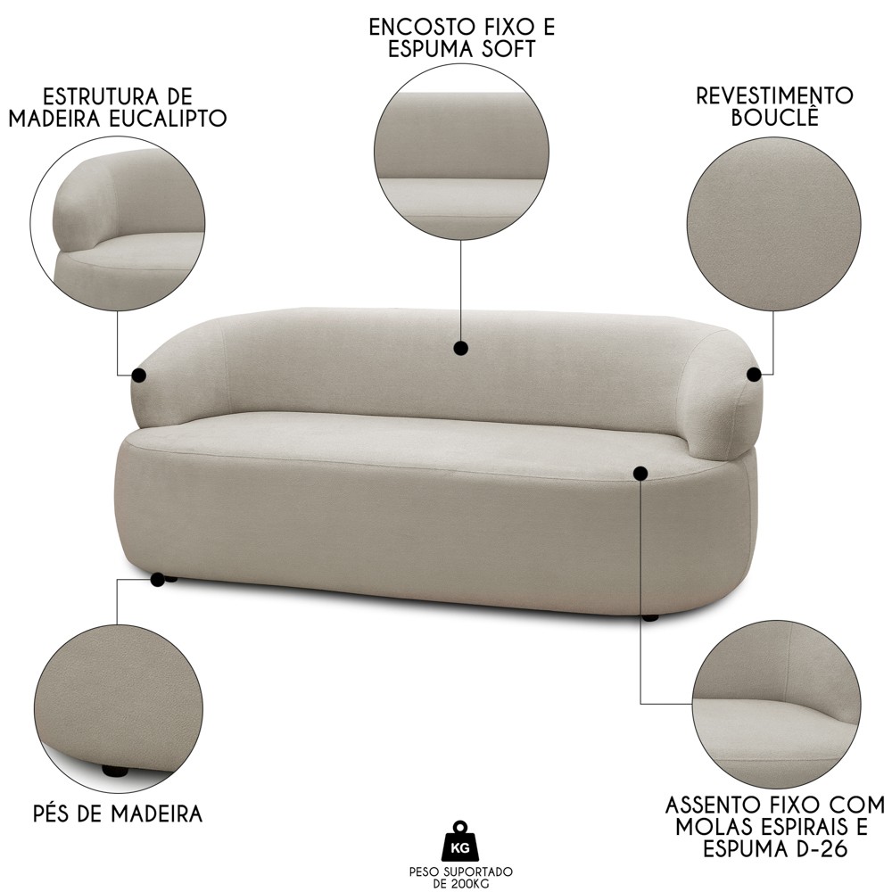 Sofá 3 Lugares Living Orgânico Sala de Estar 170cm Conka F05 Boucle Bege - Mpozenato