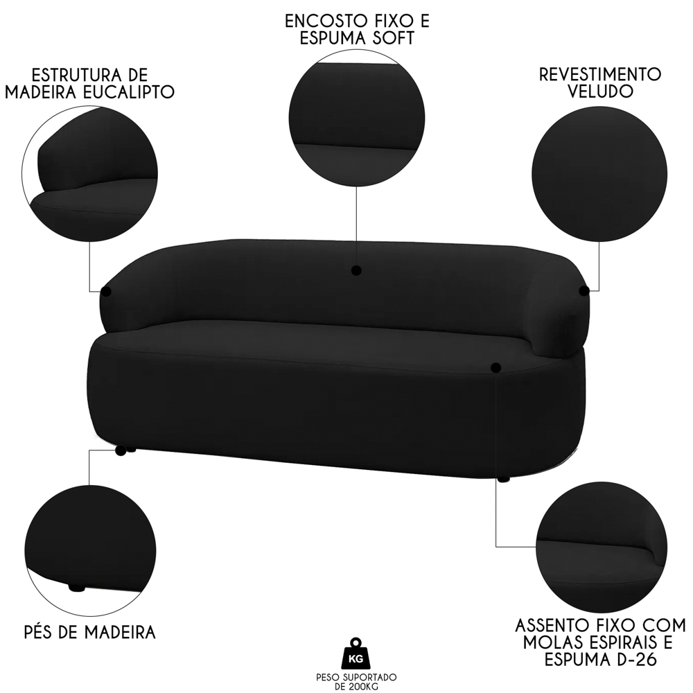 Sofá 3 Lugares Living Orgânico Sala de Estar 170cm Conka F05 Veludo Preto - Mpozenato