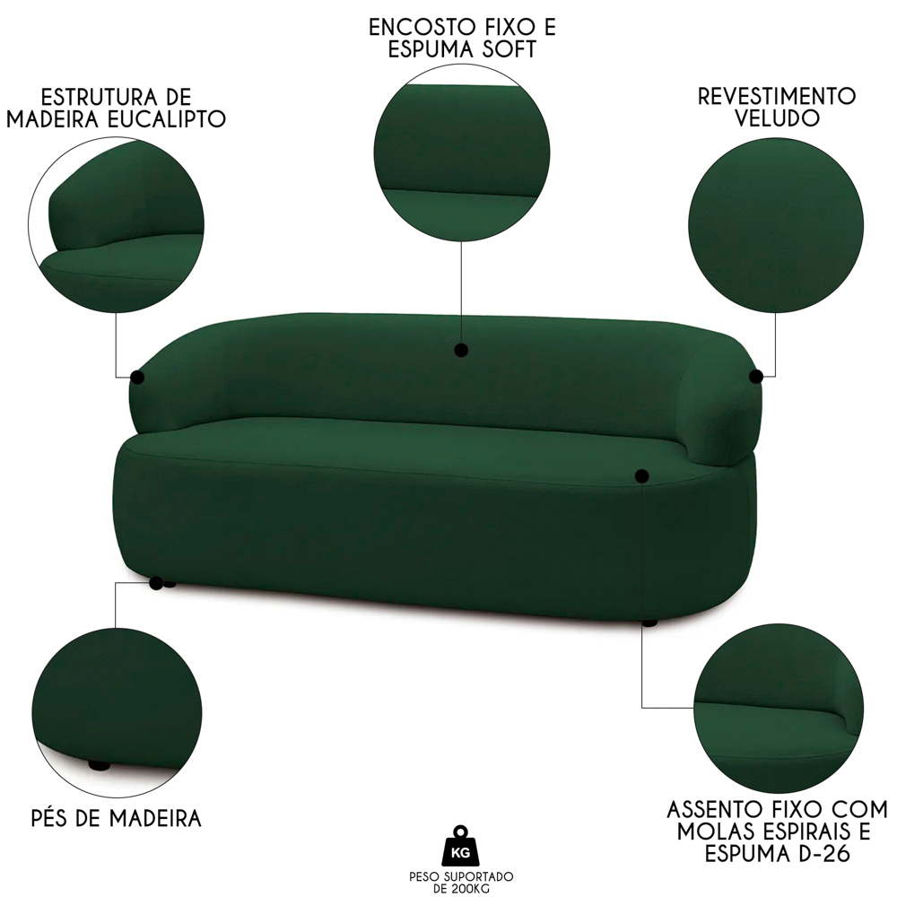 Sofá 3 Lugares Living Orgânico Sala de Estar 170cm Conka F05 Veludo Verde - Mpozenato