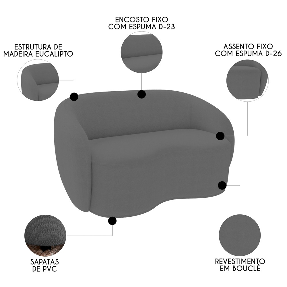 Sofá 3 Lugares Living Orgânico Sala de Estar 180cm Garbin K04 Bouclê Cinza - Mpozenato
