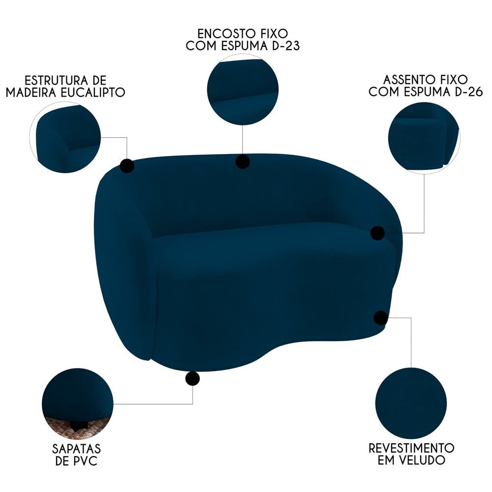 Sofá 3 Lugares Living Orgânico Sala de Estar 180cm Garbin K04 Veludo Azul Marinho - Mpozenato