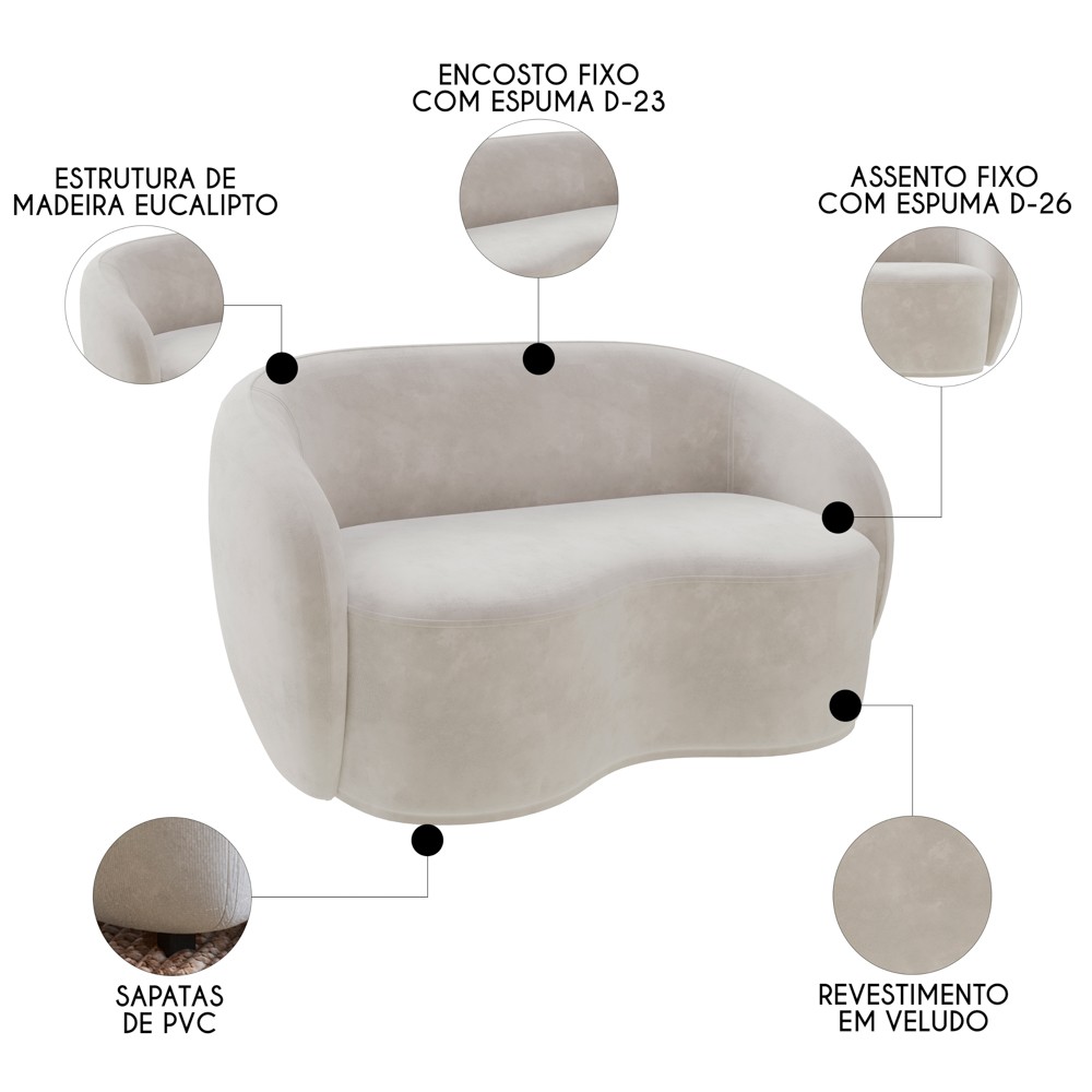 Sofá 3 Lugares Living Orgânico Sala de Estar 180cm Garbin K04 Veludo Bege - Mpozenato