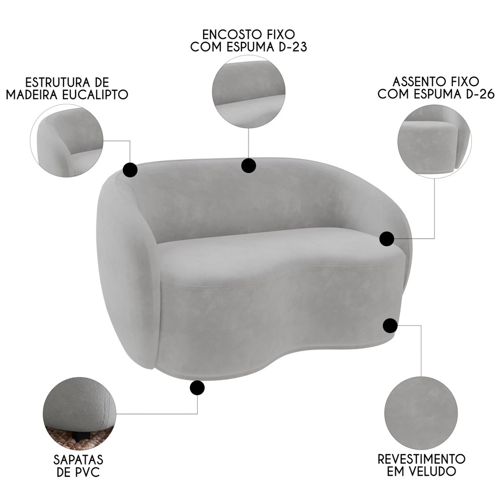 Sofá 3 Lugares Living Orgânico Sala de Estar 180cm Garbin K04 Veludo Cinza - Mpozenato