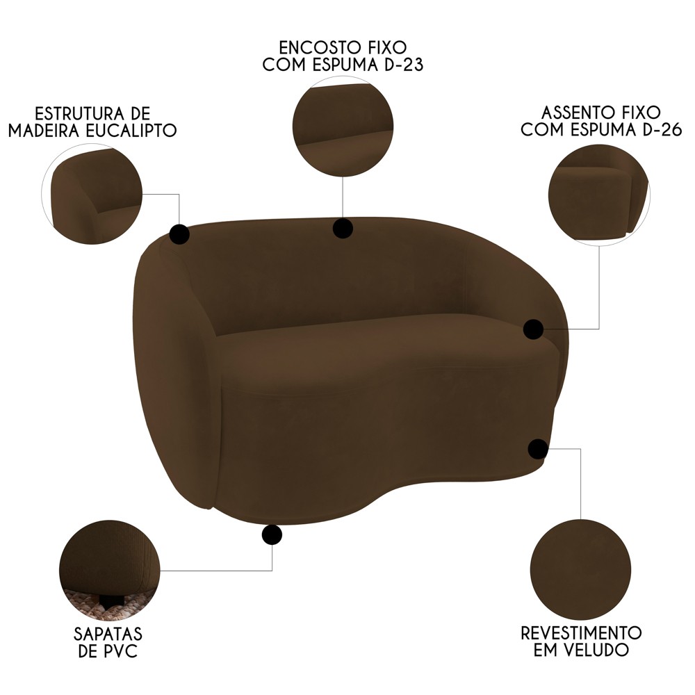 Sofá 3 Lugares Living Orgânico Sala de Estar 180cm Garbin K04 Veludo Marrom - Mpozenato