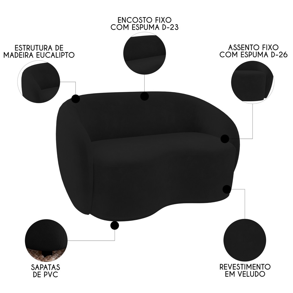 Sofá 3 Lugares Living Orgânico Sala de Estar 180cm Garbin K04 Veludo Preto - Mpozenato