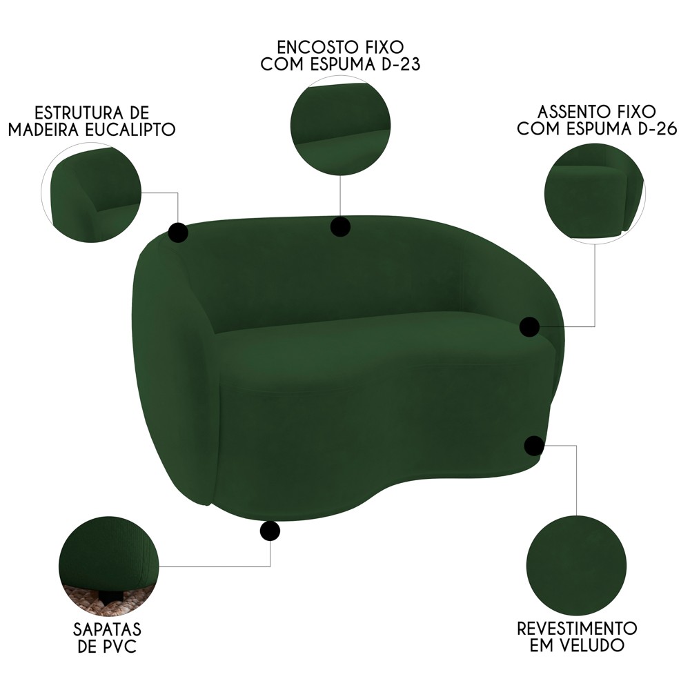 Sofá 3 Lugares Living Orgânico Sala de Estar 180cm Garbin K04 Veludo Verde - Mpozenato