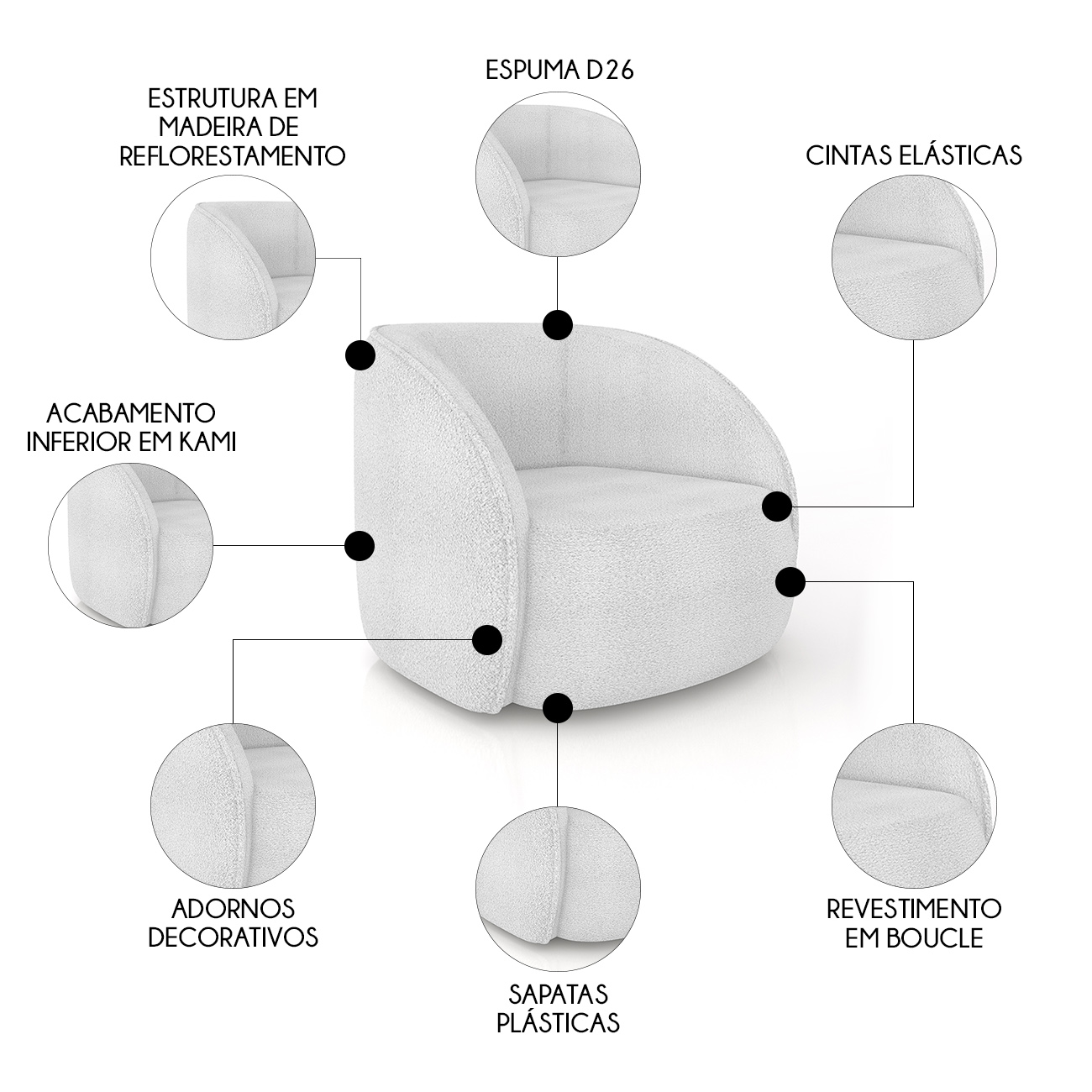 Sofá 3 Lugares Orgânico 240cm e Poltrona Zion M22 Boucle Branco - Mpozenato