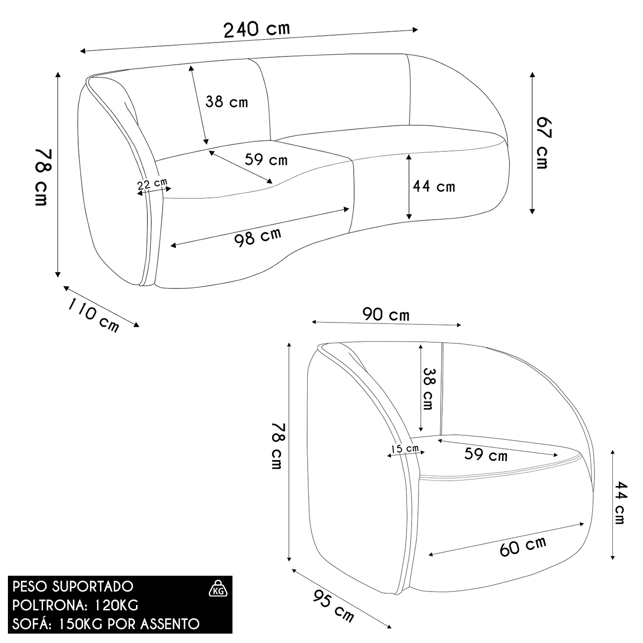 Sofá 3 Lugares Orgânico 240cm e Poltrona Zion M22 Sintético Caramelo - Mpozenato