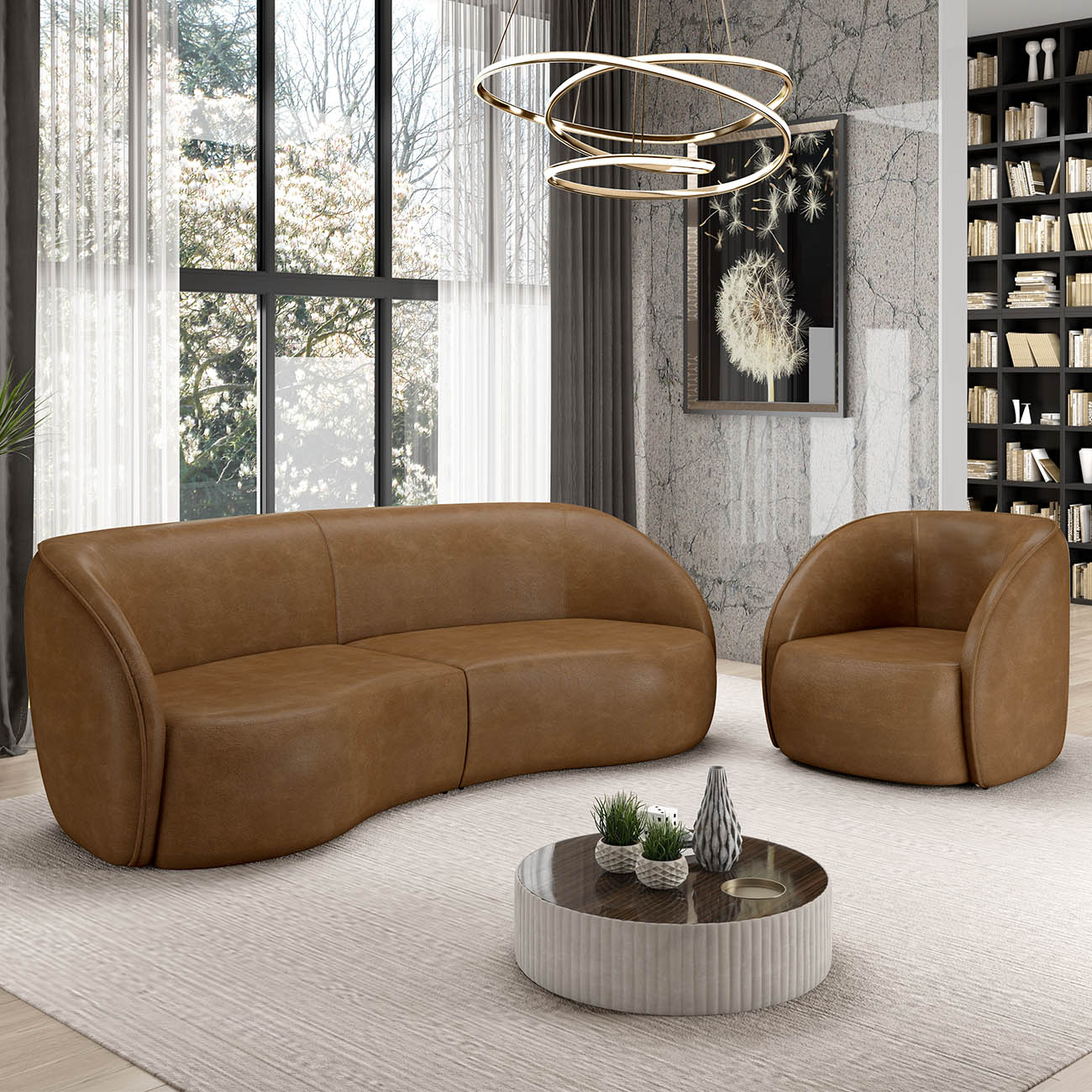 Sofá 3 Lugares Orgânico 288cm e Poltrona Zion M22 Sintético Caramelo - Mpozenato