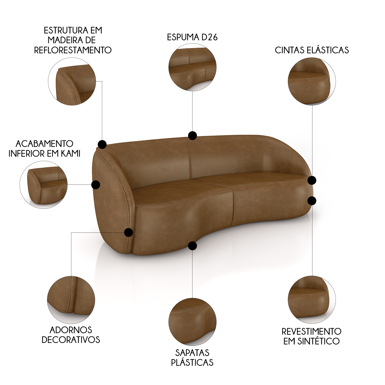 Sofá 3 Lugares Orgânico 288cm e Poltrona Zion M22 Sintético Caramelo - Mpozenato