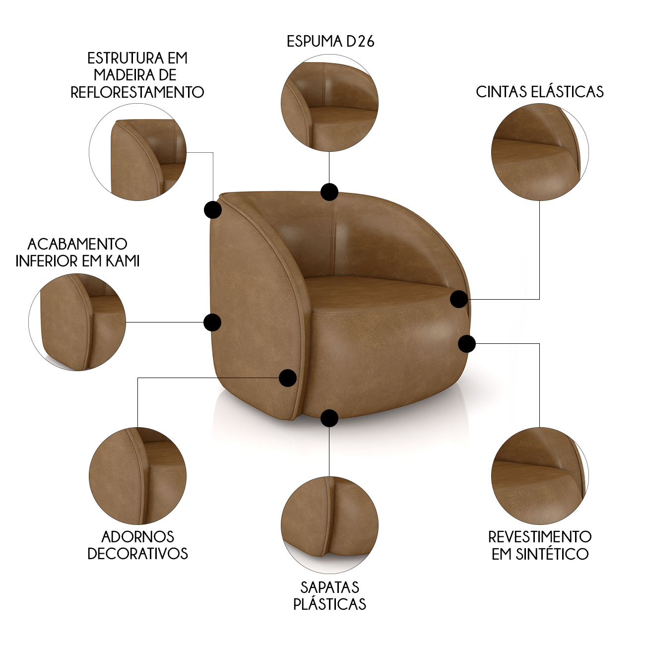Sofá 3 Lugares Orgânico 288cm e Poltrona Zion M22 Sintético Caramelo - Mpozenato