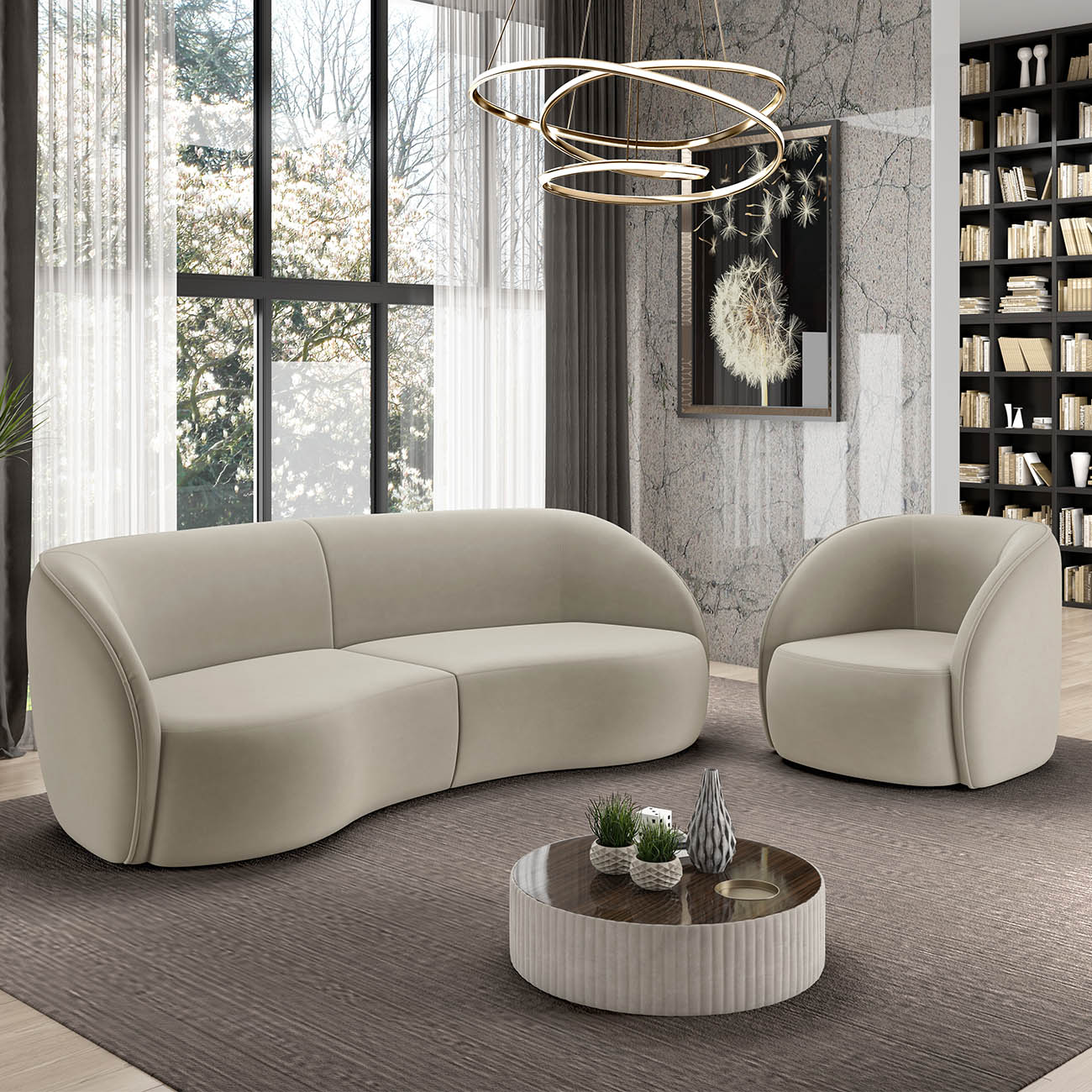 Sofá 3 Lugares Orgânico 288cm e Poltrona Zion M22 Veludo Bege - Mpozenato