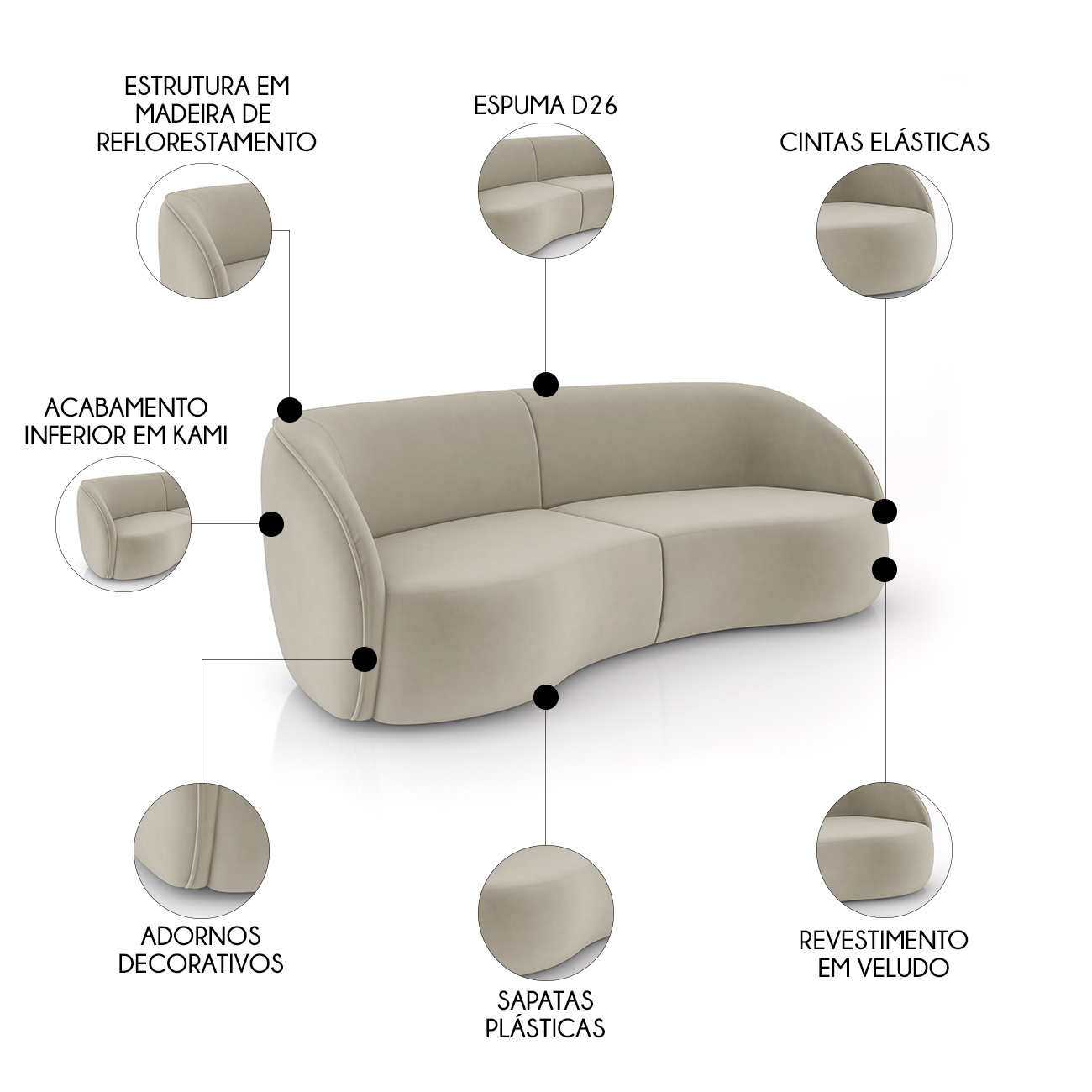 Sofá 3 Lugares Orgânico 288cm e Poltrona Zion M22 Veludo Bege - Mpozenato
